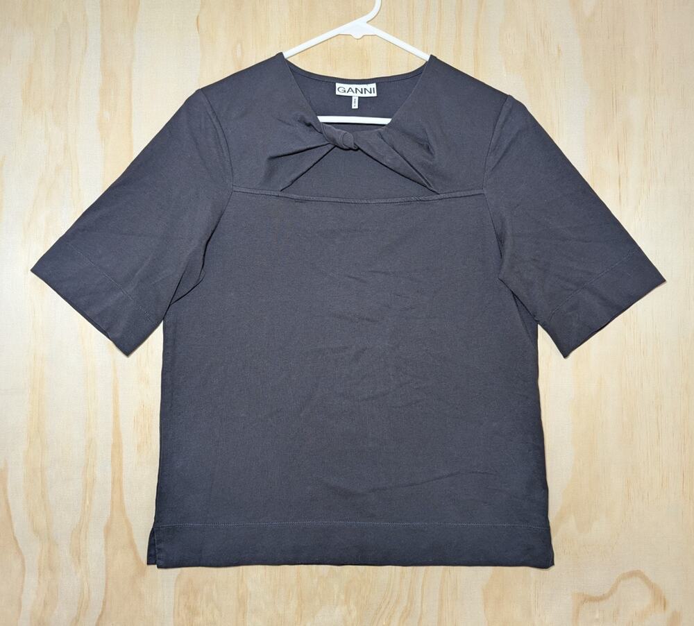 GANNI Women’s Small Knot Front Cutout T-Shirt Top Keyhole Jersey Faded Black